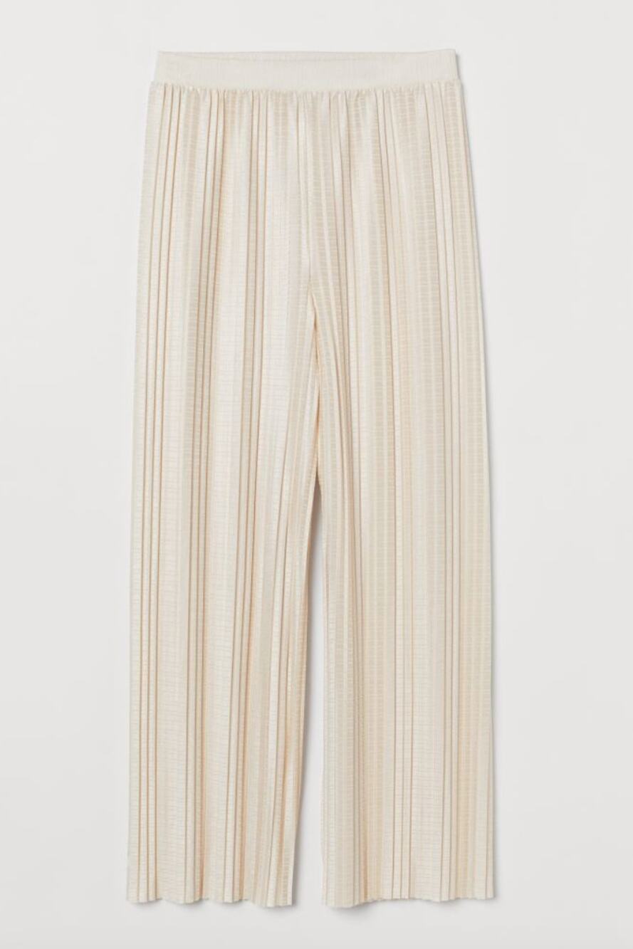 H&M Ivory Elastic Waist Pleated Wide Leg Pants Size L Large NEW
